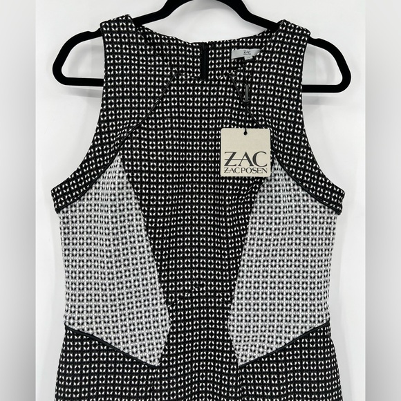 🆕 NWT Zac Posen VOGUE Peplum Midi Dress Printed Stretch Zip Black Gray White 14 - Picture 5 of 14